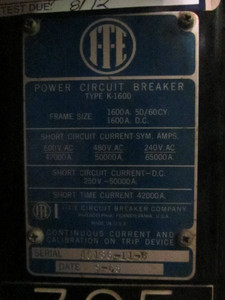 I-T-E K-1600 1600A Retrofit Breaker MicroVersaTrip Plus AKO50C3F1607 w 800A ITE (PM1760-1)