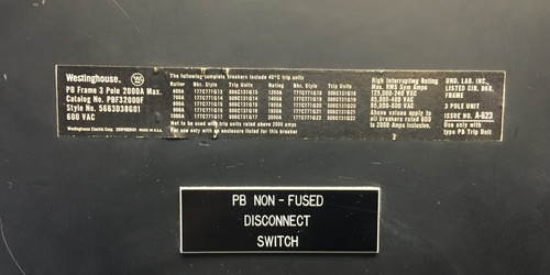 CH Westinghouse PBF32000F 2000A Molded Case Switch w/ Aux 3P 480/600V 2000 Amp (EM1234-3)
