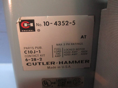 Cutler Hammer 10-4352-5 Contactor 700 Amp 480V Coil 3PH 600 Vac 700A 1875-3 (TK1469-2)