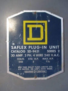 Square D SD-9451 Saflex Plug-In Unit 30 Amp 240V 3P 4W Fusible Bus Plug 30A (TK1484-2)
