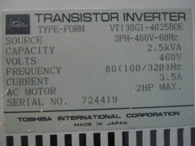 Toshiba ESP-130 VT130G1-4025B0E Transistor Inverter Drive 2 HP 3.5 Amp 460V 3Ph (TK1544-5)