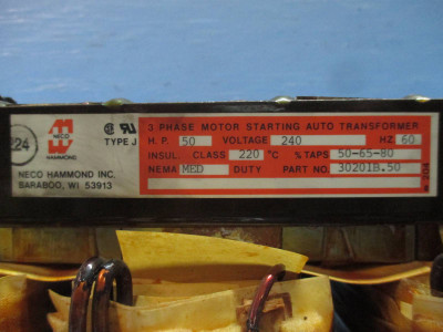 Neco Hammond 30201B.50 3 Phase Motor Starting Auto Transformer Type J 50HP 240V (TK1963-1)