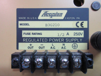Acopian B3G210 Regulated Power Supply 250 Vac 1/2 Amp Fuse (TK2196-2)