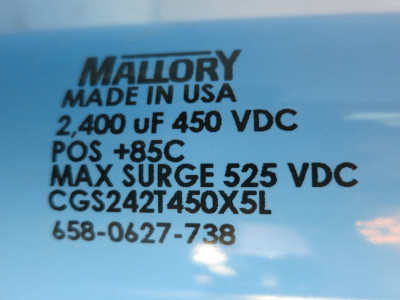 Mallory 658-0627-738 Capacitor 2400 uF 450 VDC 525 Surge CGS242T450X5L 2,400 (PM2079-5)