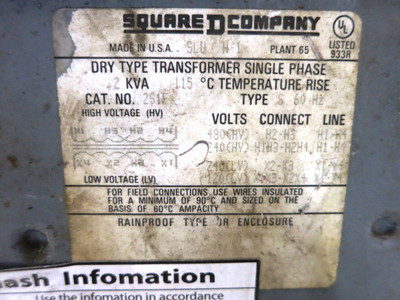 Square D 2S1F 2 kVA 240x480 to 120/240 General Purpose Transformer 3R/Rainproof (DW0109-25)