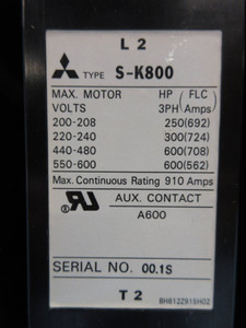 Mitsubishi S-K800 Motor Contactor 910 Amp 600V 600-HP 200-240V Coil 3PH 910A (TK2589-1)