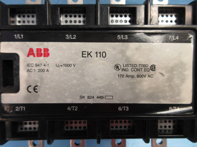 ABB EK-110 Motor Contactor 4-Pole 170 Amp 600V 24V-DC Coil 4P 170A EK110 RB (TK2593-8)