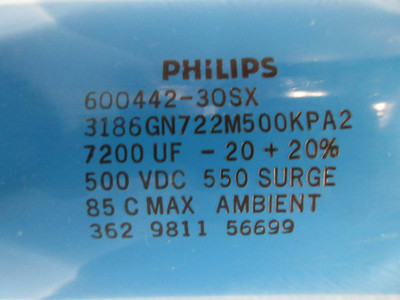 Philips 600442-30SX Capacitor 7200 uF -20+20% 500VDC 550 Surge 3186GN722M500KPA2 (TK2628-24)