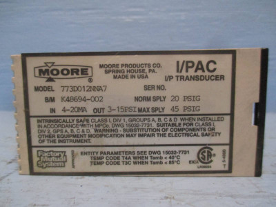 Moore 773D012NNA7 PLC I/PAC K48694-002 I/P Transducer Module 4-20 mA 45 PSIG (DW0375-1)