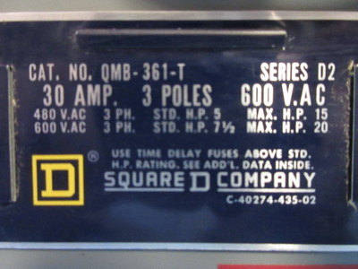 Square D QMB-361-T QMB 30 Amp 600 VAC Fusible Branch Switch D2 Series QMB361T (TK2860-3)