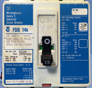 Cutler Hammer FDB3015L 15A Circuit Breaker Matte w/ Aux FDB3015 3P Westinghouse (EM2335-4)