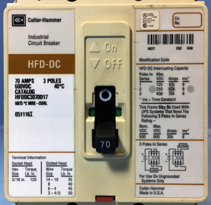 Cutler Hammer HFDDC3070D17 70A DC Circuit Breaker 3P HFD-DC Westinghouse 70 Amp (EM2352-2)