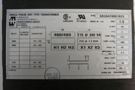 Hammond 1.5 kVA 460 / 480 to 115 V 1PH Dry Type Transformer 3AUA478001B23 480V (DW0482-1)
