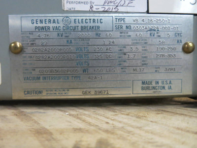 GE Power/Vac 2000A VB 4.16-250-1 5kV Vacuum Breaker General Electric PowerVac (GA0008-1)