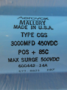 Aerovox Mallory 600442-14A Capacitor Type CGS 3000-MFD 450 VDC 500 Max Surge (TK3262-5)
