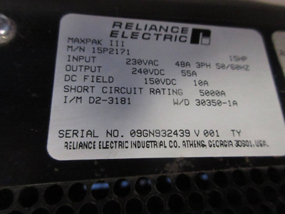 Reliance Electric 15P2171 15 HP MaxPak III VS DC Drive RE 15HP 230V 150V 55A (TK3383-1)
