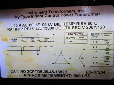 IT 45 kVA 13800 Delta to 208Y/120 V Control Power Transformer 3CPTD5-95-45-1382B (EBI2475-2)