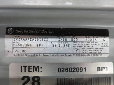 GE Spectra Busway 72.00" Feeder 800A 600V 3PH 4W Aluminum Bus Way Duct 800 Amp (DW0629-1)