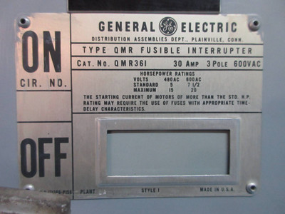 GE QMR361 30 Amp 600V Fusible Panelboard Disconnect Wire In THFP-361 30A (TK3852-1)