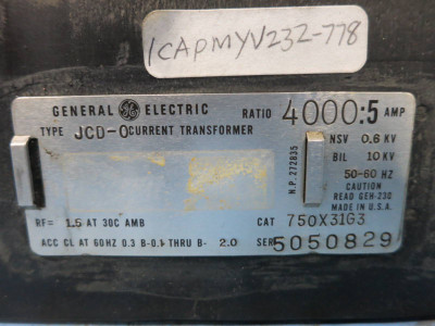 General Electric 750X31G3 Type JCD-0 CT Current Transformer Ratio 4000:5 Amp GE (DW0736-3)