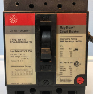 GE General Electric TEML36007 7A Mag-Break Circuit Breaker 7 Amp Aux wires short (EM2867-7)