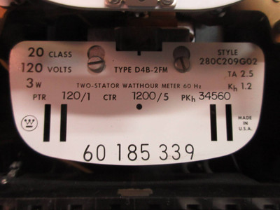 Westinghouse 280C209G02 Two-Stator Watthour Meter Type D4B-2FM 120V 3W (TK3939-4)
