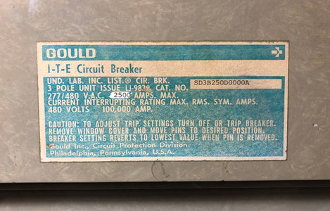 Gould I-T-E SD3B250D0000A 2500A Circuit Breaker w/ Cradle 480V 3P 2500 Amp LSIG (EM3072-1)