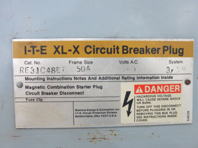 ITE RE31C48ET 50A 600V 3PH XL-X Circuit Breaker Bus Plug REC3100 Siemens 50 Amp (DW1042-1)