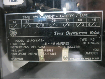GE 12IAC66A52A Time Overcurrent Relay Type IAC 1.5-4.5 Amp General Electric 4.5A (DW1103-1)