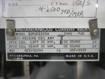 GE 12PJC11E6A Instantaneous Current Relay PJC 60Hz General Electric Instant 25A (DW1101-2)