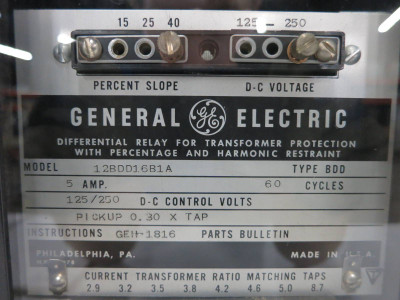 GE 12BDD16B1A Differential Relay Transformer Protection % Harmonic Restraint BDD (DW1118-8)
