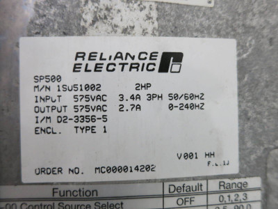 Reliance Electric 1SU51002 2HP SP500 AC VS Drive 2 HP 575V 3PH 3.4A 3.4 Amp (DW1145-5)