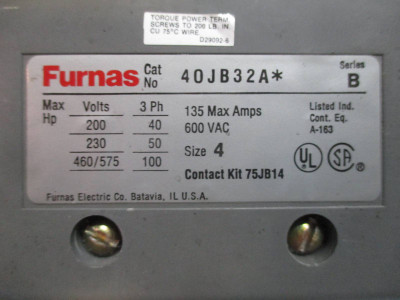 Furnas 40JB32A* Size 4 135A Contactor 120V Coil 100 HP 600Vac Series B Sz4 (EBI1637-10)