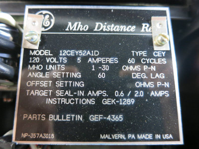 General Electric 12CEY52A1D MHO Distance Relay GE 120V 5 Amp CEY-52A1D (TK4574-5)