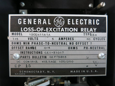 General Electric 12CEH11A1A Loss-Of-Excitation Relay GE 115V 5A Type CEH 11A1A (TK4578-1)