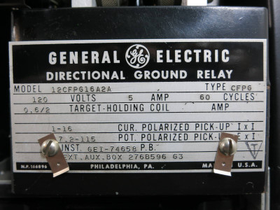 General Electric 12CFPG16A2A Directional Ground Relay GE 120V 5A Type CFPG (TK4593-2)