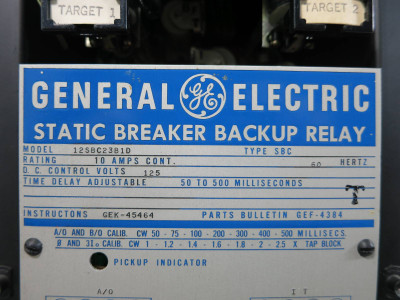 General Electric 12SBC23B1D Static Breaker Backup Relay 10 Amp Type SBC 125-Vdc (TK4602-9)