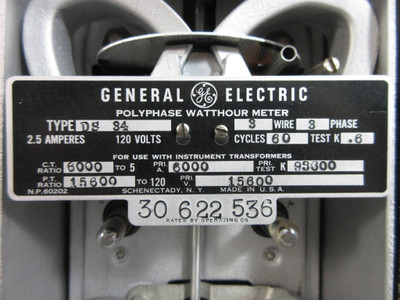 General Electric DS-34 Polyphase Watthour Meter 2.5A 120V 3W 3PH 60Cy Watt Hour (TK4618-5)
