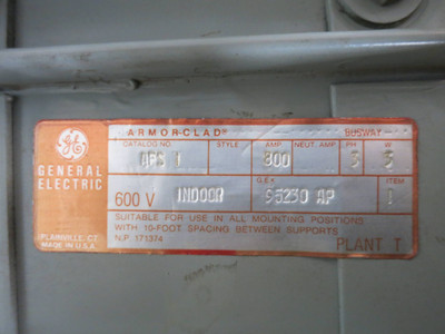 GE AFS1 800A 600V Armor-Clad Tap Box 3PH 3W Busway End 800 Amp Bus AFS-1 3P3W (DW1408-1)