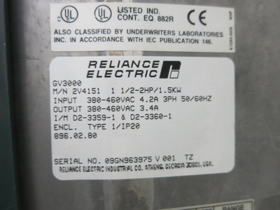 Reliance Electric 2V4151 2 HP GV3000 AC VS Drive RE 1.5/2HP 460V GV-3000 1.5KW (DW1453-1)