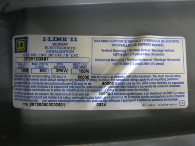 Square D CP2512G8ST 1200 Amp I-Line II Copper Plug-In Busway 3PH 4W 8' CP2512G8 (DW1475-1)
