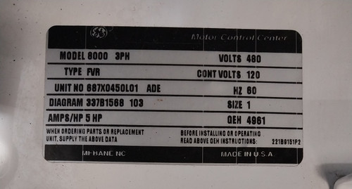GE 8000 FVR Size 1 Reversing Starter 30 Amp Fusible 18" MCC Bucket CR309CO**ADFC (TK4951-3)