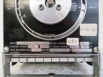 General Electric 12ACR11B9A A-C Reclosing Relay Type ACR GE 120V 12ACR-11B9A (NP2352-1)