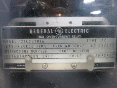GE 12IAC53B1A Time Overcurrent Relay Type IAC Very Inverse 4-16 Amp (DW1785-3)