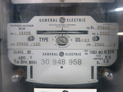 GE 701X90G128 Polyphase Watthour Meter Type DS-63 120V 3W 3PH 14400 57600 (DW1781-1)