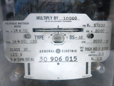 GE 701X90G233 Polyphase Watthour Meter Type DS-63 120V 3W 3PH 14400 57600 (DW1796-2)