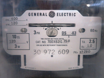 GE 700X63G758 2 Stator Watthour Meter Relay 3PH DS-63 Watt Hour 120V 3P3W 600:5 (DW1795-2)