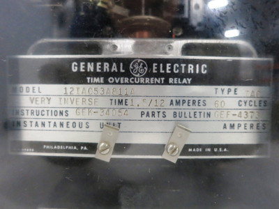 GE 12IAC53A811A Time Overcurrent Relay Type IAC Very Inverse 1.5/12 Amp (DW1812-4)