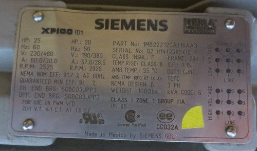 New Siemens 1MB22212CA116AA3 25HP 230/460V 3525RPM XP100 Explosion Motor 284T 25 (PM3020-1)