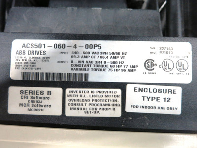 ABB ACS501-060-4-00P5 75HP ACS 500 AC VS Drive 480V 3PH 77A 96A 60HP 75 HP (DW1863-1)